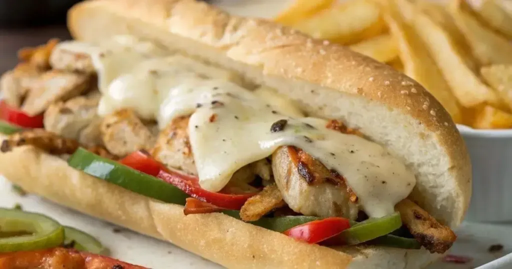 Chicken Philly Cheesesteak sandwich with melted provolone and peppers