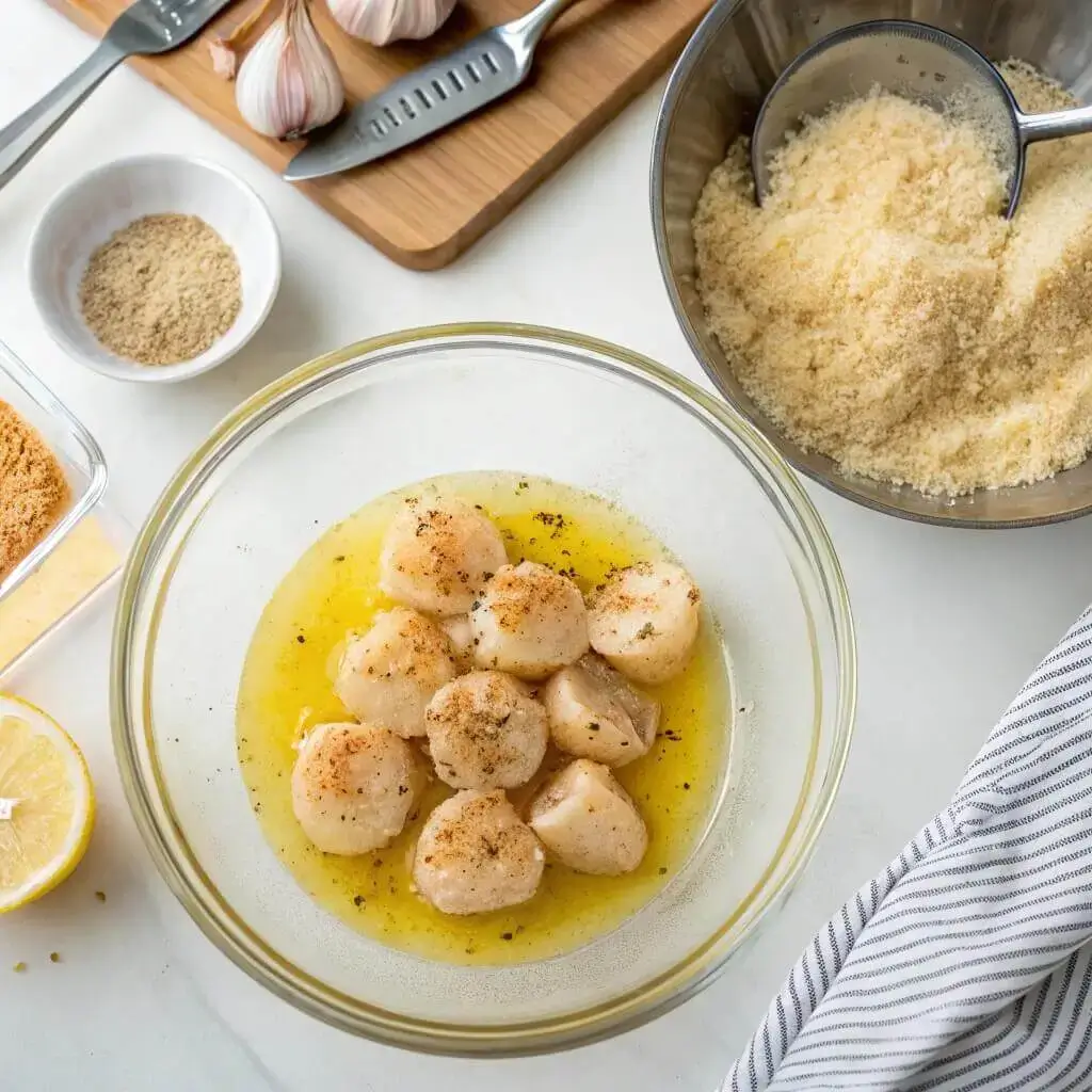 Coating scallops in melted butter and garlic before rolling them in Parmesan bread