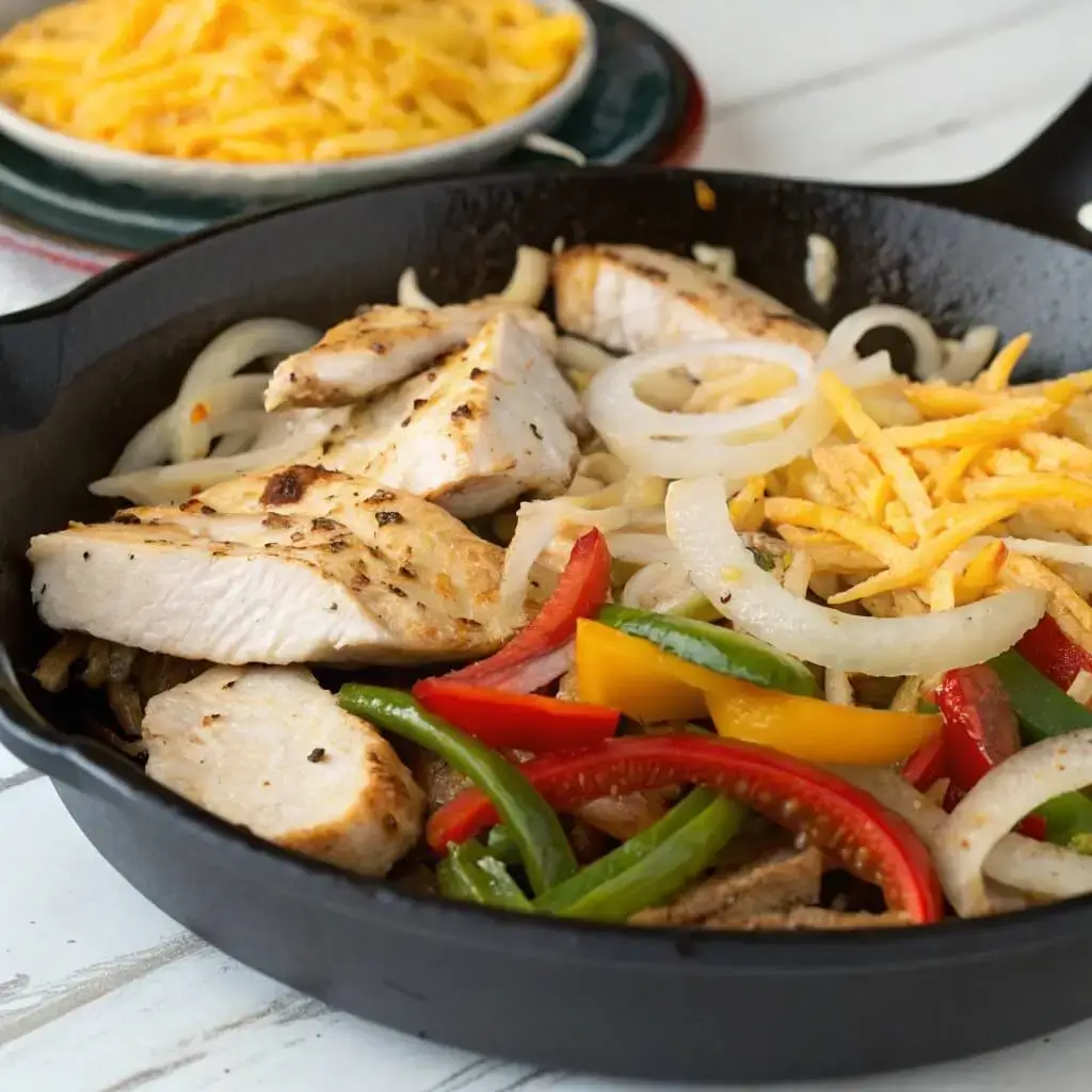 Chicken Philly Cheesesteak in a skillet with cheese melting