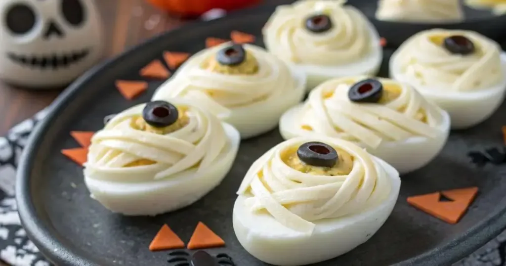 Halloween Deviled Eggs spooky appetizer on a platter