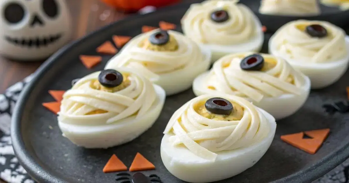 Halloween Deviled Eggs spooky appetizer on a platter