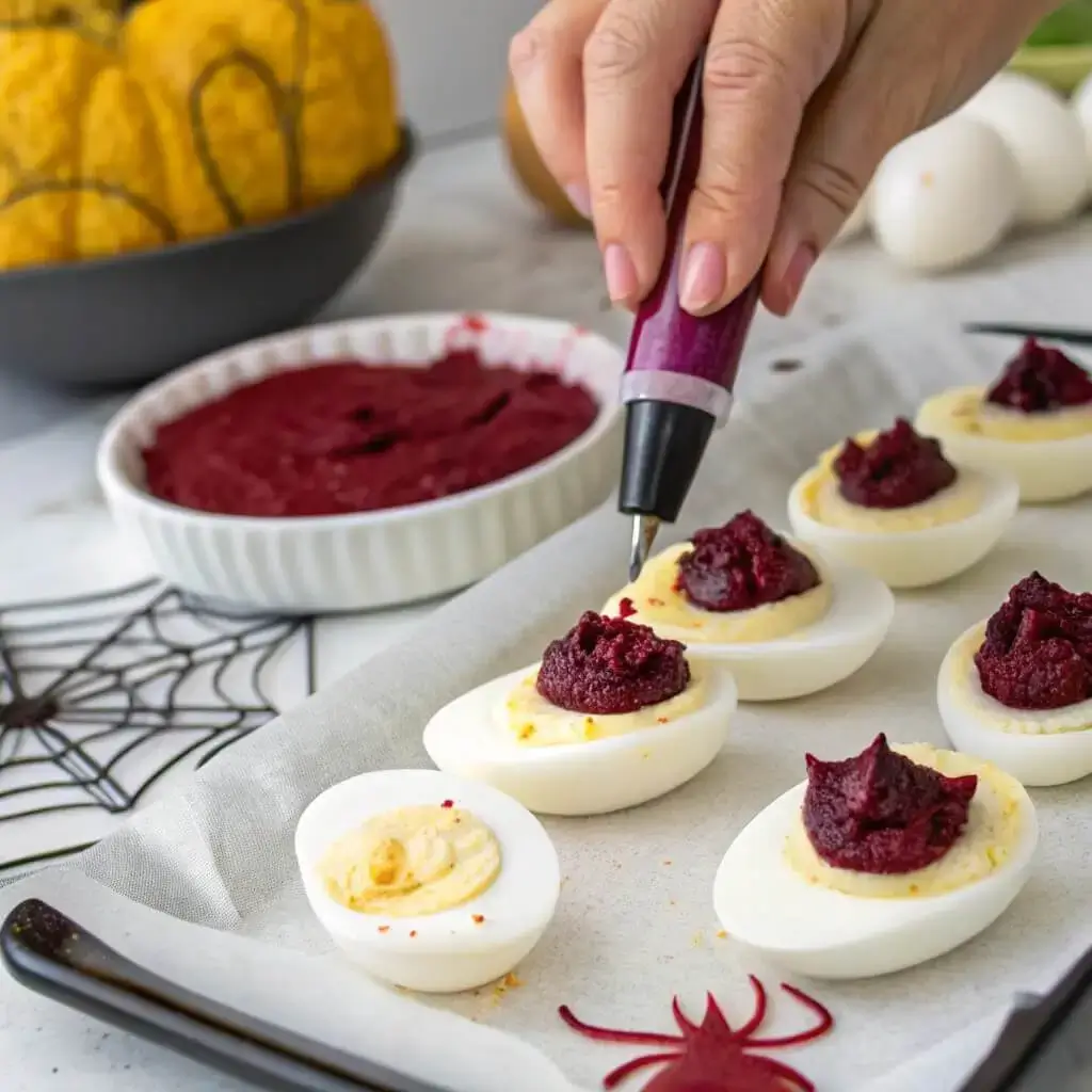 Piping beet filling into Halloween Deviled Eggs