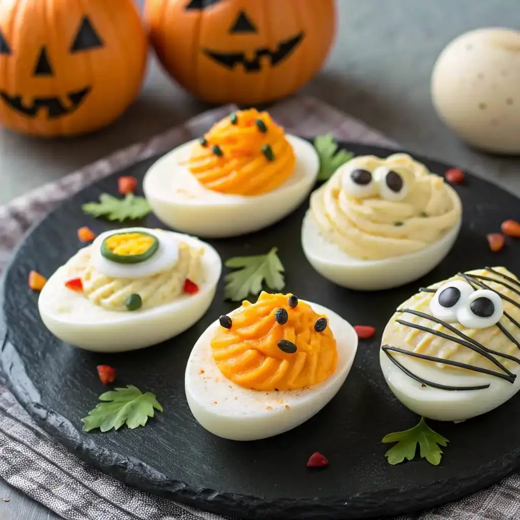 Halloween Deviled Eggs on a serving platter