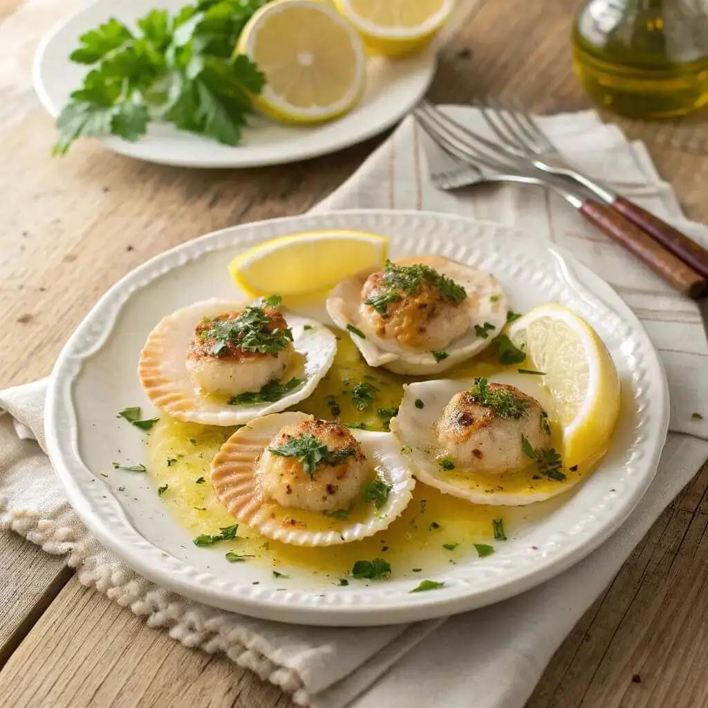Plated baked scallops served with lemon wedges and parsley on a white dinner plate.