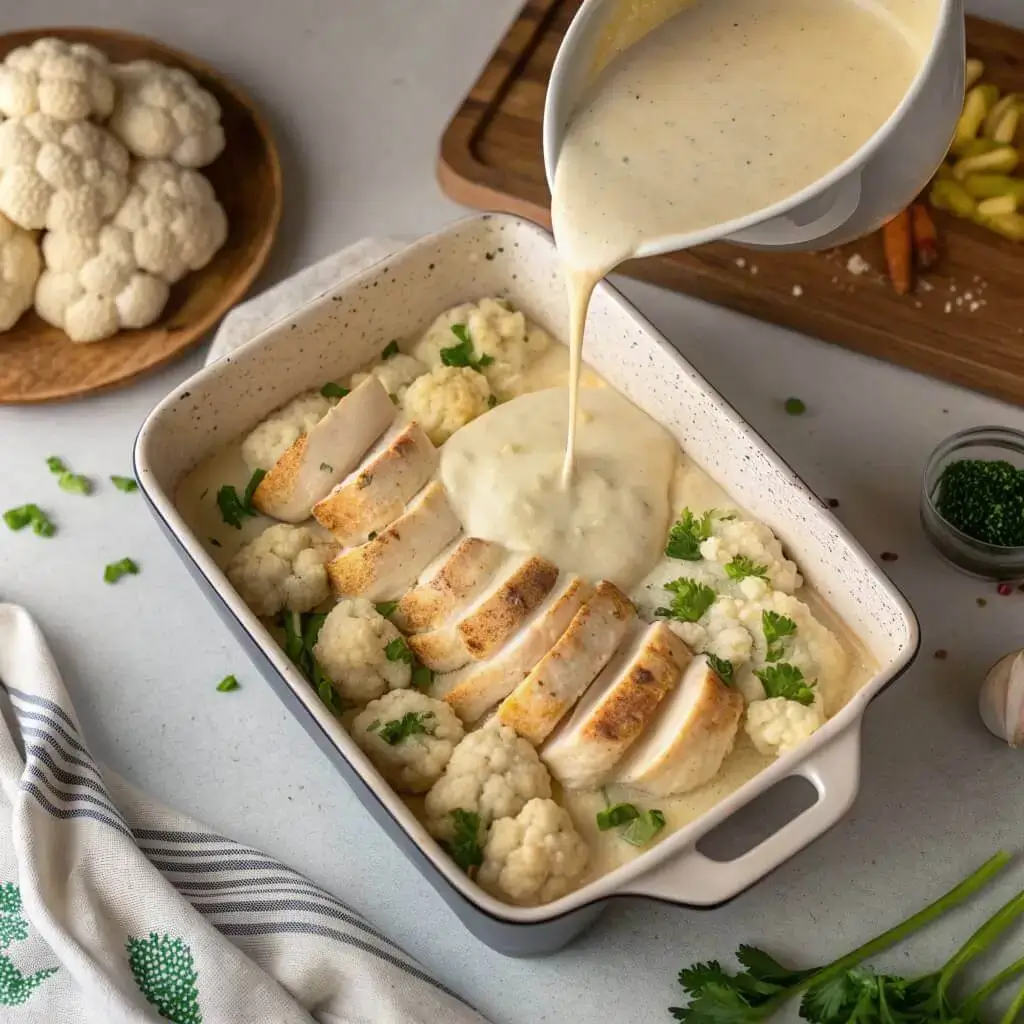 Assembling French Onion Chicken Casserole with chicken, cauliflower, and cream of chicken soup 