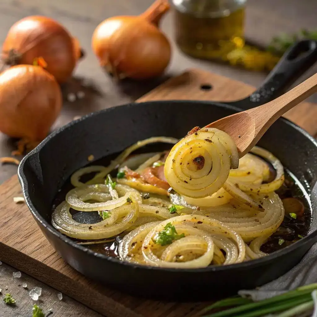 Caramelizing onions for French Onion Chicken Casserole in skillet