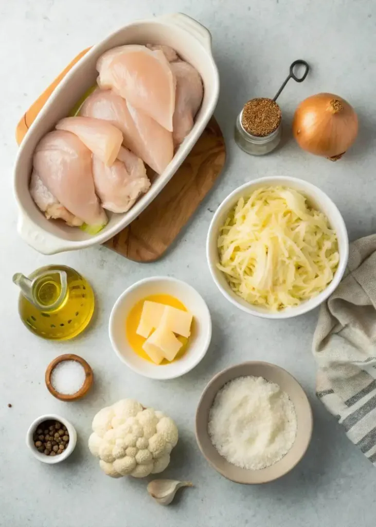 Ingredients for French Onion Chicken Casserole including chicken breast, cauliflower, onions, and cheese