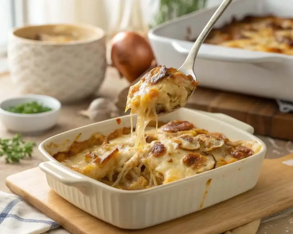 Serving a scoop of French Onion Chicken Casserole with melted cheese and caramelized onions