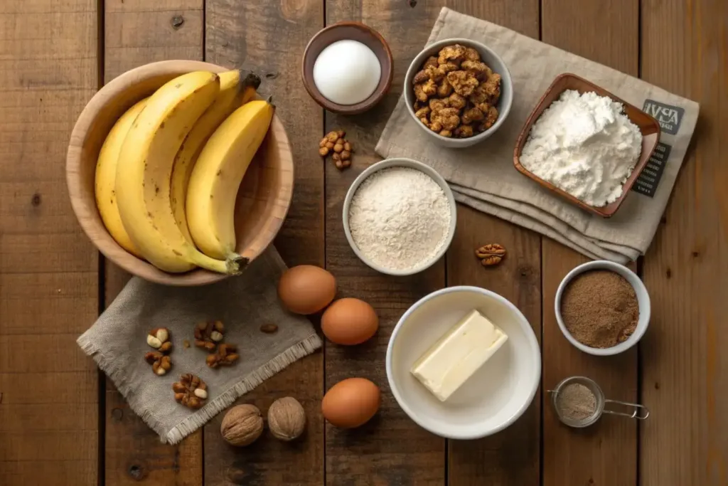 Banana Bread with Sour Cream Ingredients Flat Lay