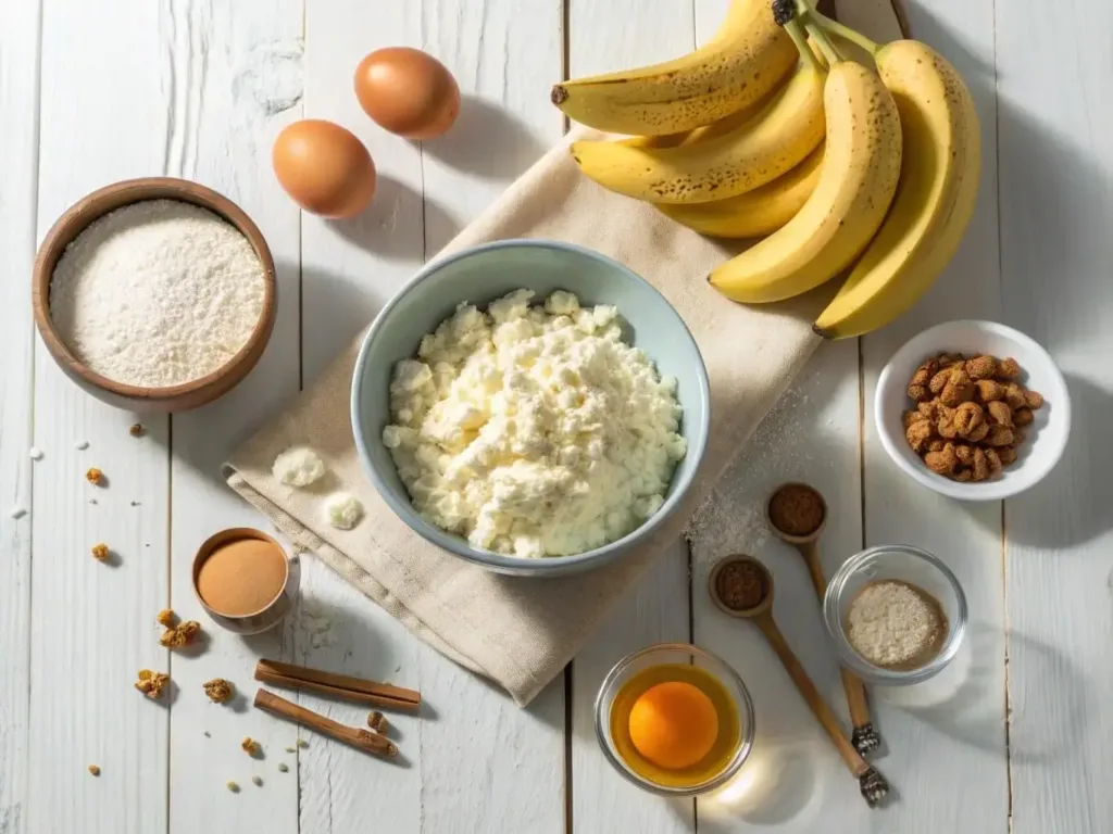 Ingredients for Cottage Cheese Protein Banana Bread on a kitchen counter