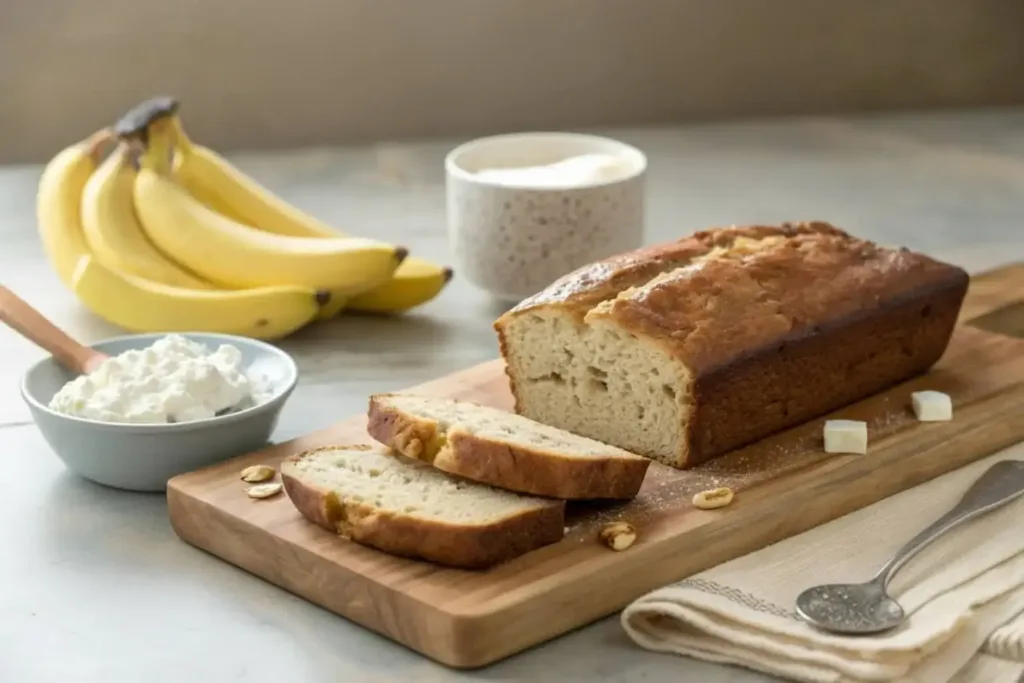 Sliced Cottage Cheese Protein Banana Bread on wooden board