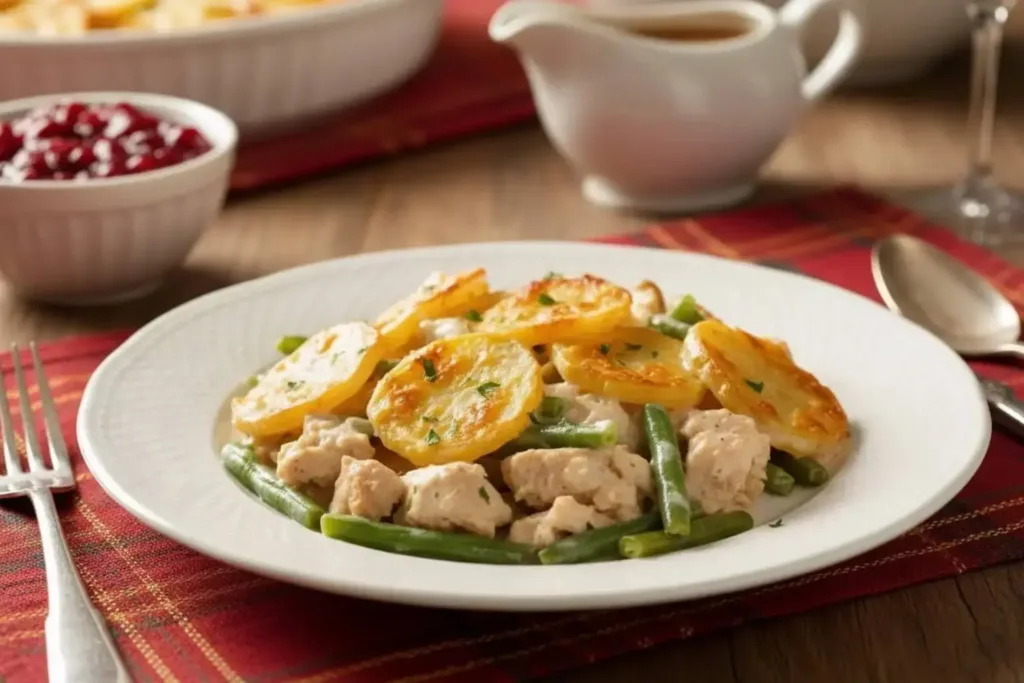 3-Ingredient Holiday Ranch Potato Casserole served with turkey and green beans