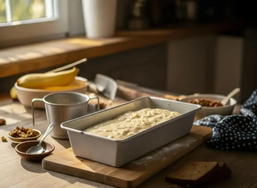 Pouring cottage cheese banana bread batter into a loaf pan