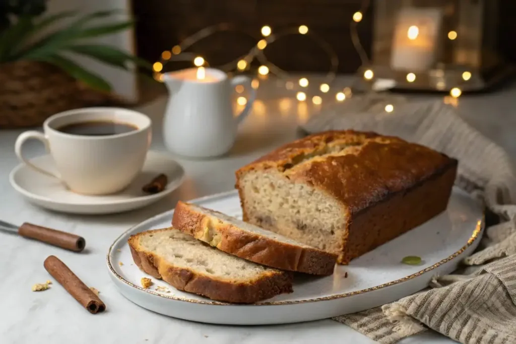 Sliced Banana Bread with Sour Cream Served with Coffee