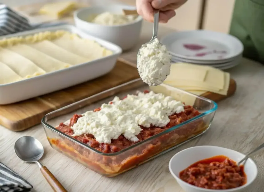Layering ricotta mixture over beef in oven-baked lasagna
