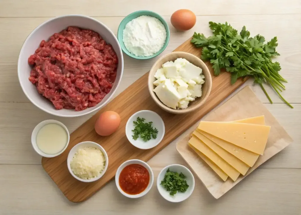 Ingredients for oven-baked beef lasagna with one ricotta mixture
