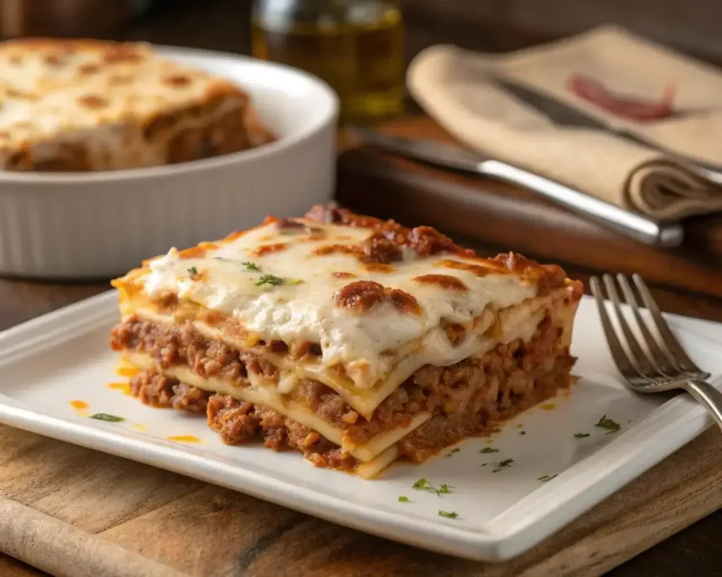 Oven-baked beef lasagna with one ricotta mixture sliced and served