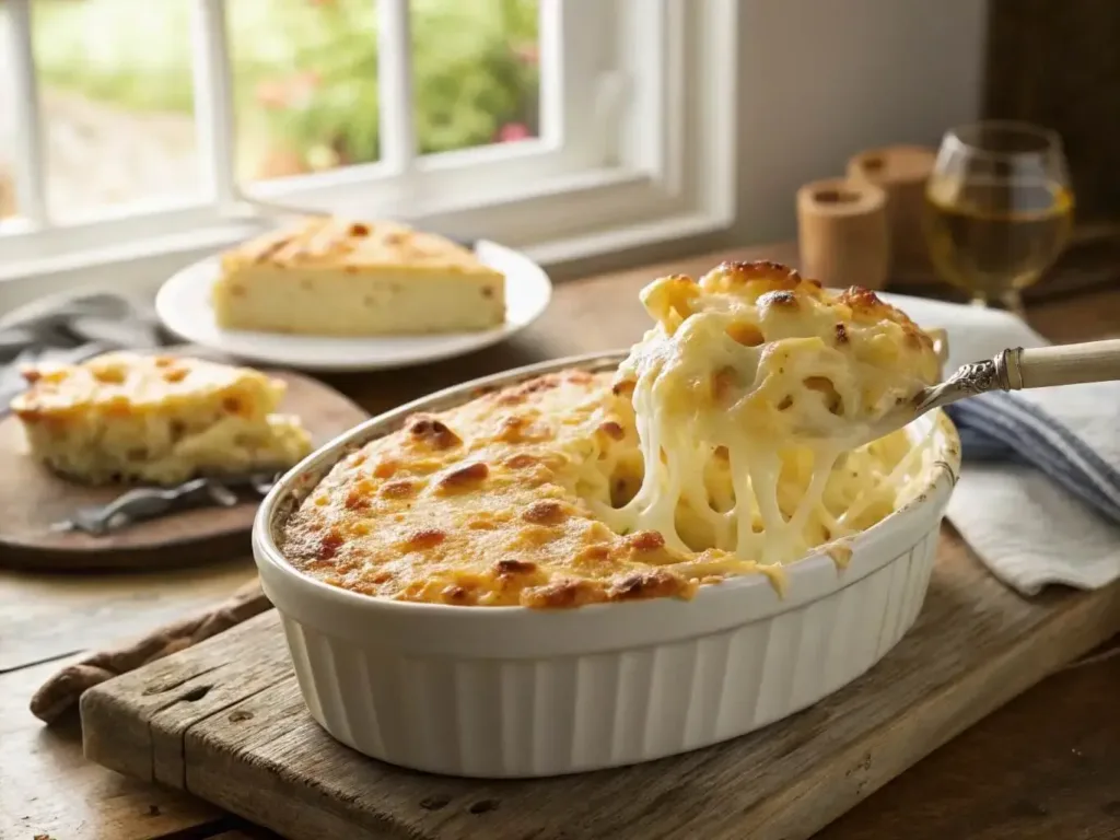 Oven-Baked Macaroni and Cheese with Silky Cheddar-Gruyère Sauce fresh from oven