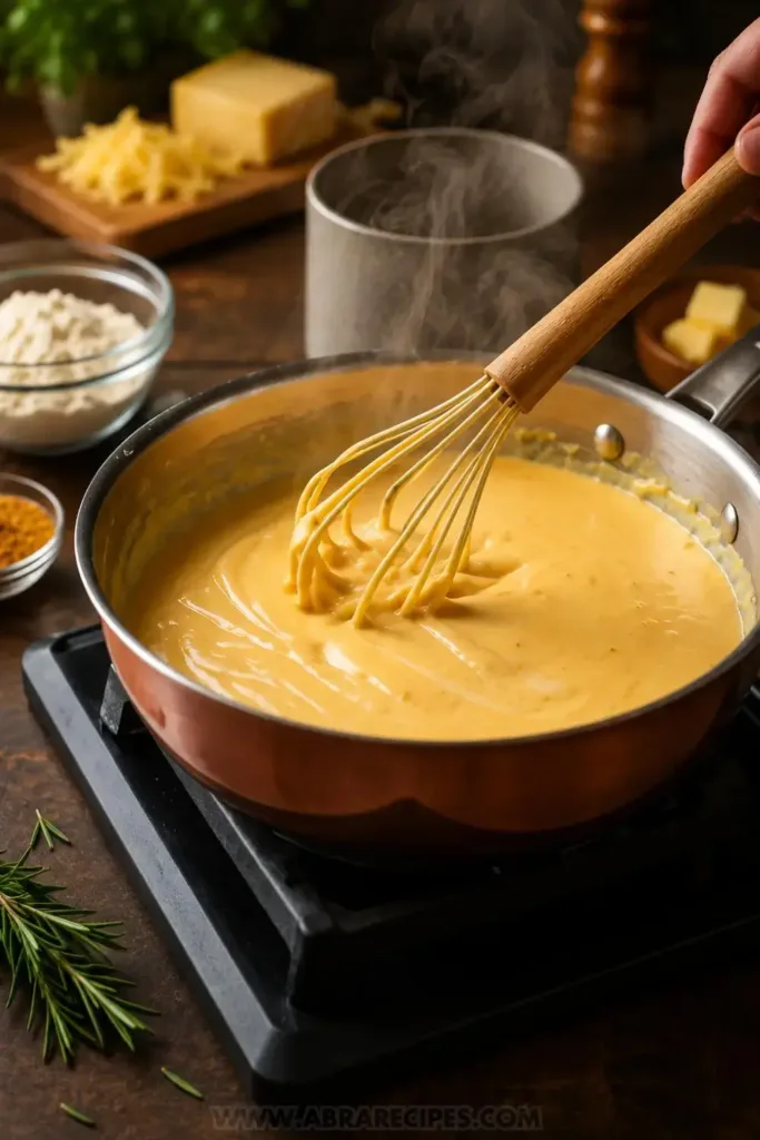 Silky cheddar-Gruyère sauce being whisked for baked macaroni and cheese