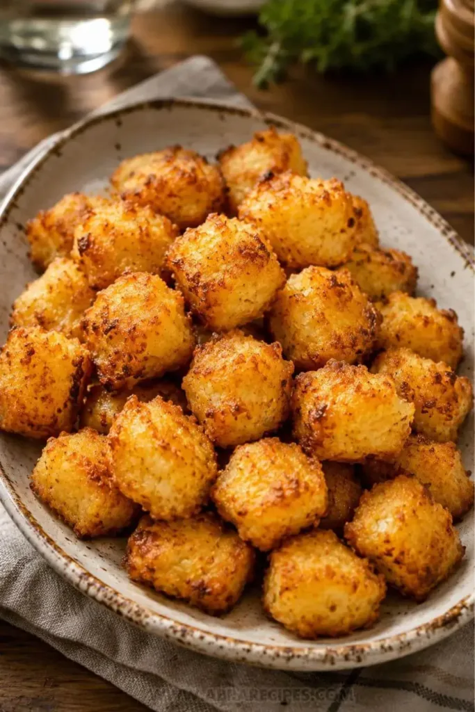 Baked potato puffs served on a vintage platter with sour cream dipping sauce