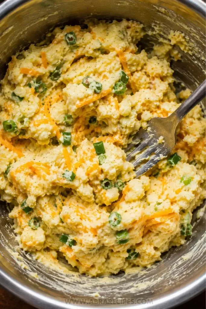 Cheesy mashed potato puff mixture being stirred in a glass bowl with green onion and cheddar visible