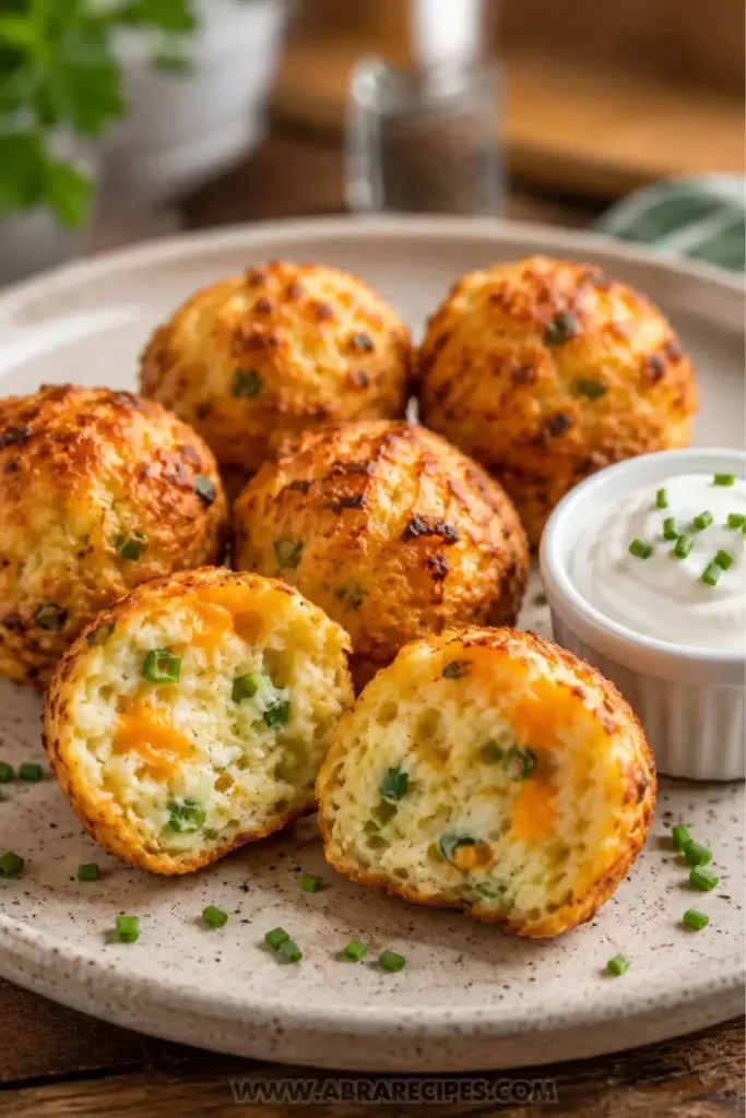 Crispy baked potato puffs on a plate with one cut open to show the creamy cheesy interior