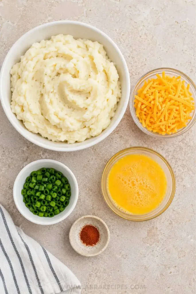 Ingredients for mashed potato puffs laid out: cold mashed potatoes, shredded cheddar, beaten eggs, green onion, and cayenne
