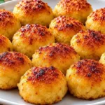 Golden oven-baked party potato puffs on a vintage silver serving platter