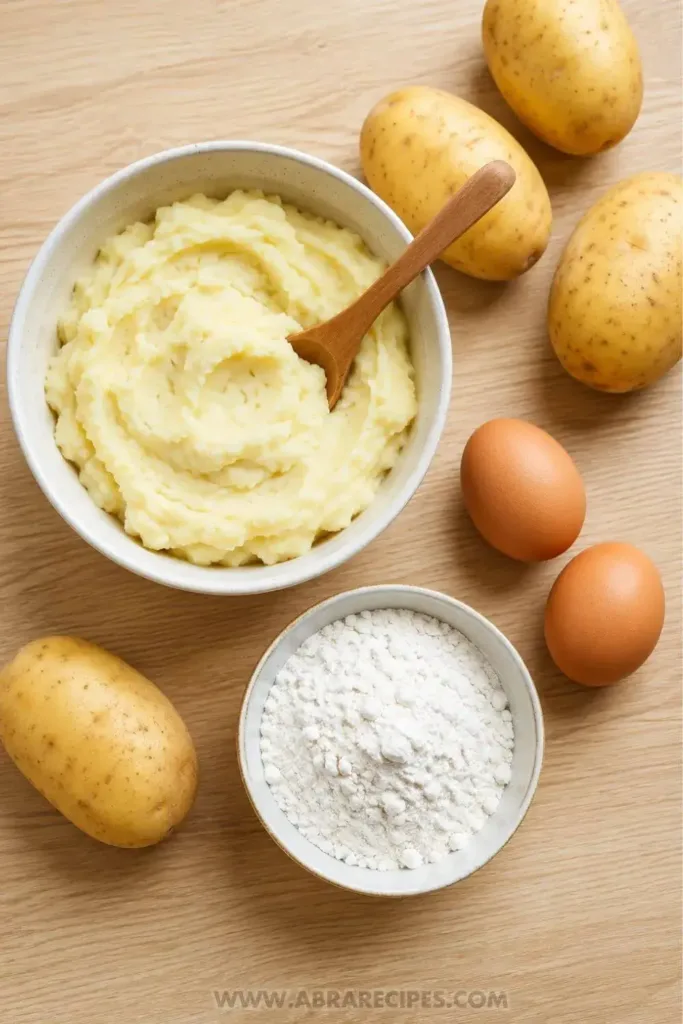 Three ingredients for potato puffs recipe: cold mashed potatoes, eggs, and flour on a wooden surface