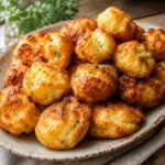 Golden crispy potato puffs piled on a rustic ceramic platter