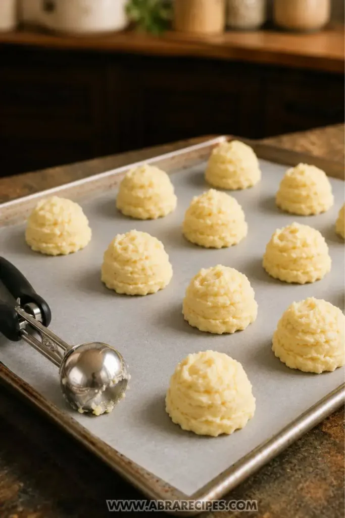 Scooping mashed potato batter onto parchment-lined baking sheet to make potato puffs