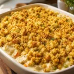 Golden baked chicken stuffing casserole in a baking dish with a crispy topping